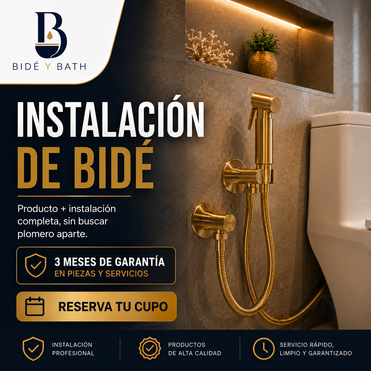 Bidé instalado con acabado dorado