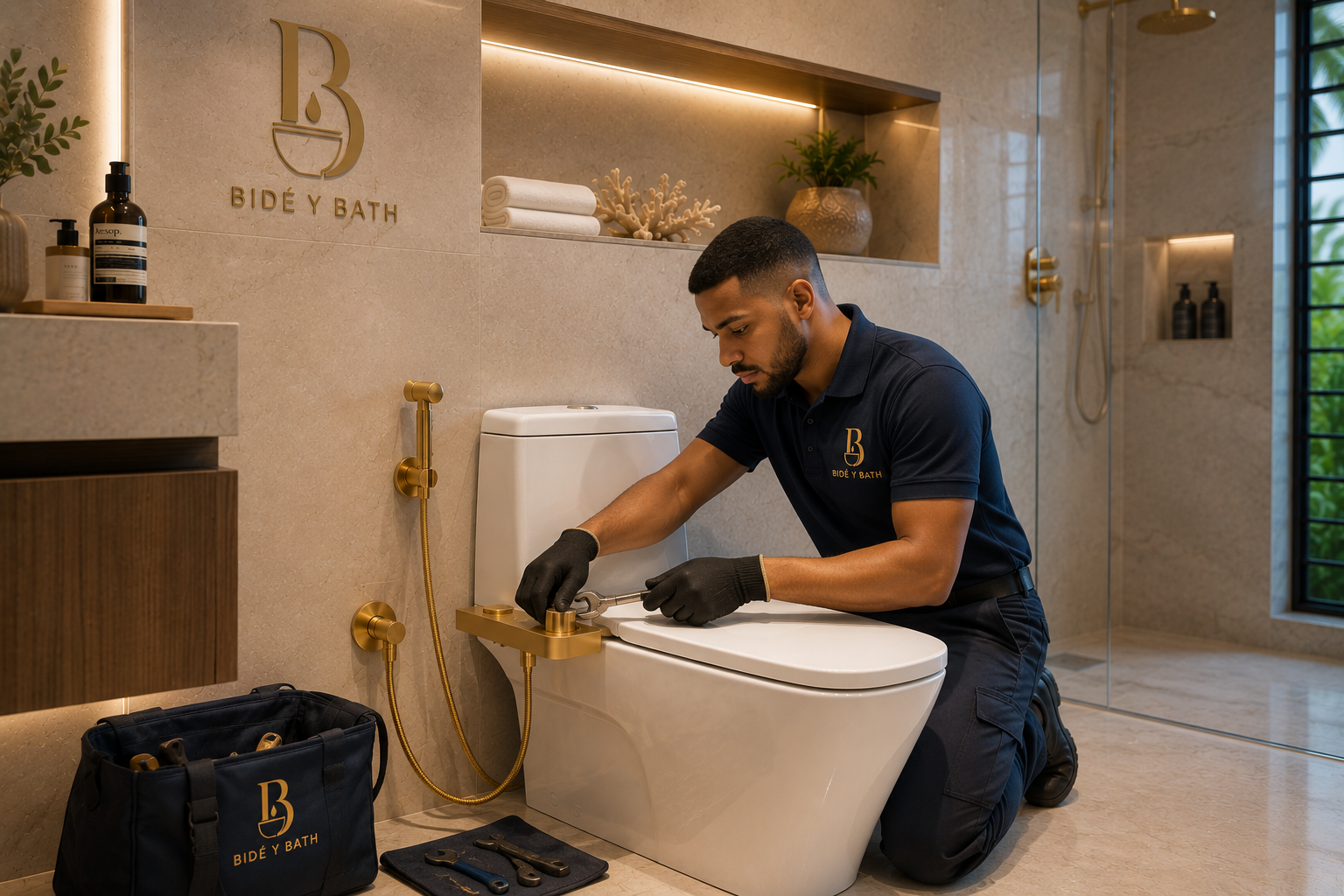 Técnico de Bidé y Bath instalando un bidé en un baño de lujo